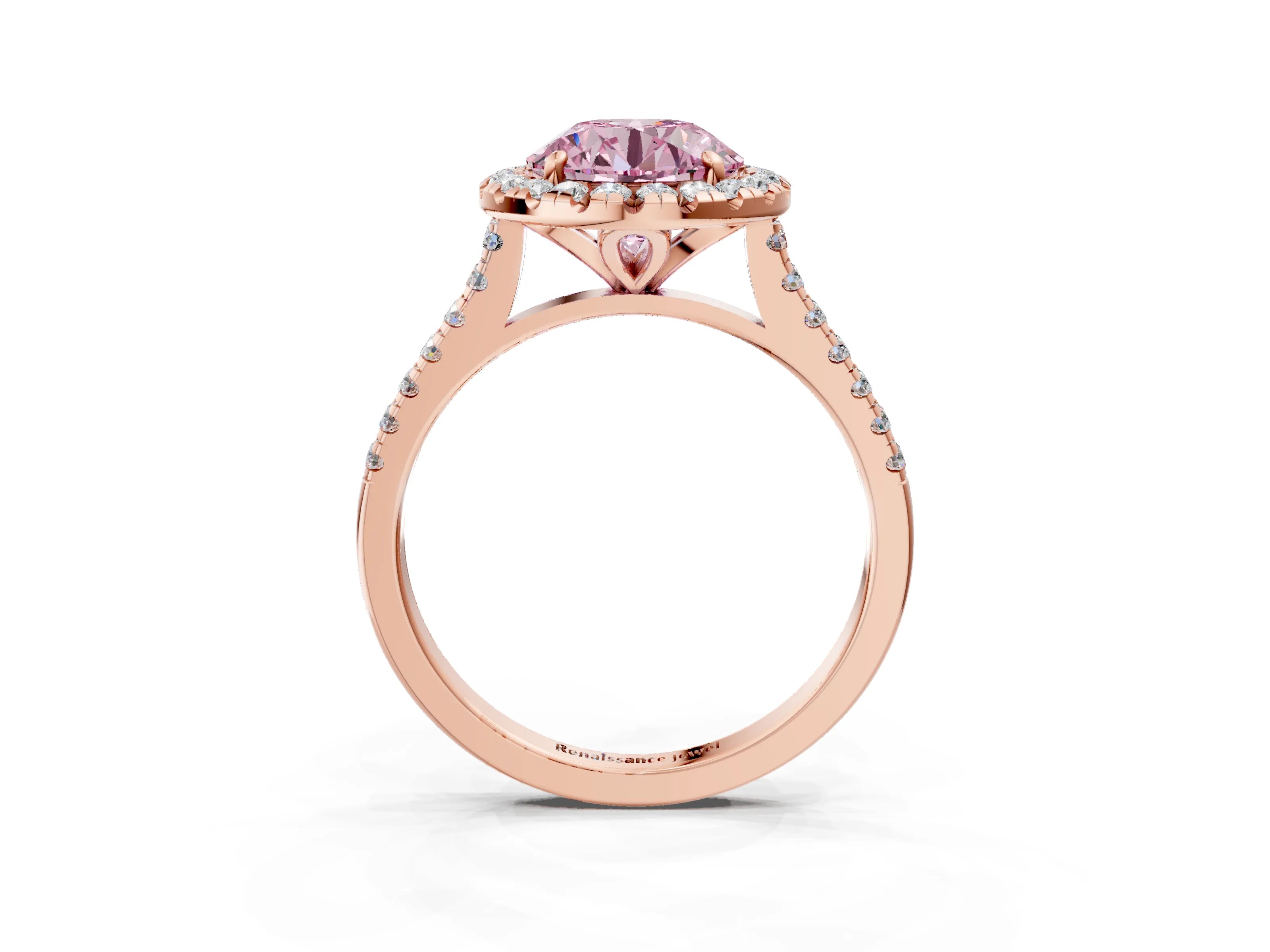 Rose gold Fancy Pink Round Cut Diamond Cushion Halo Ring with Pavé Band_3
