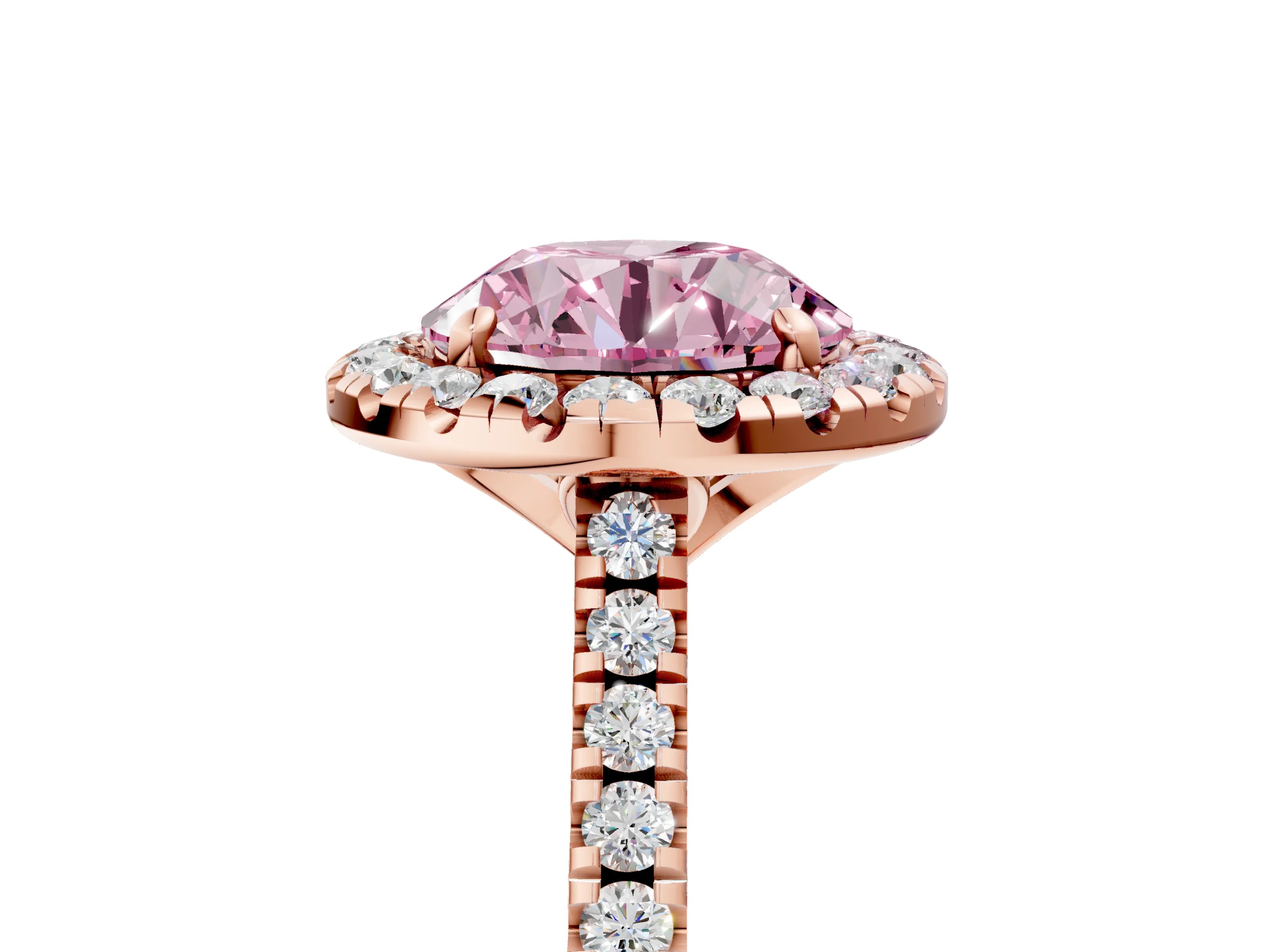 Rose gold Fancy Pink Round Cut Diamond Cushion Halo Ring with Pavé Band_5