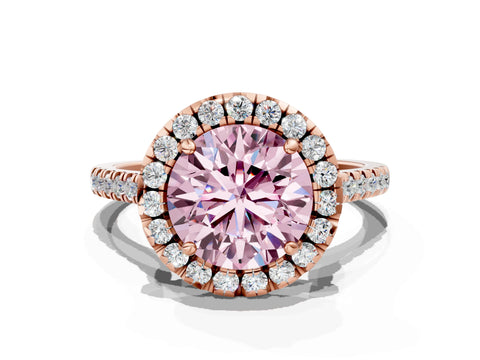 Rose gold Fancy Pink Round Cut Diamond Cushion Halo Ring with Pavé Band