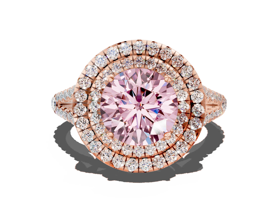 Rose gold Fancy Pink Round Cut Diamond Double Halo Ring with Pavé Band and Prong Setting_16