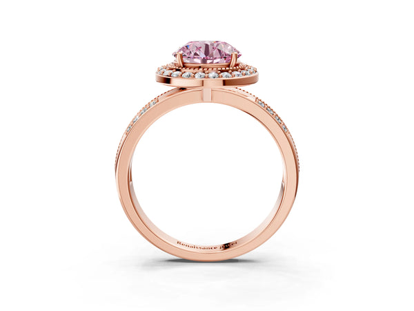 Rose gold Fancy Pink Round Cut Diamond Double Halo Ring with Split Shank and Four-Prong Setting