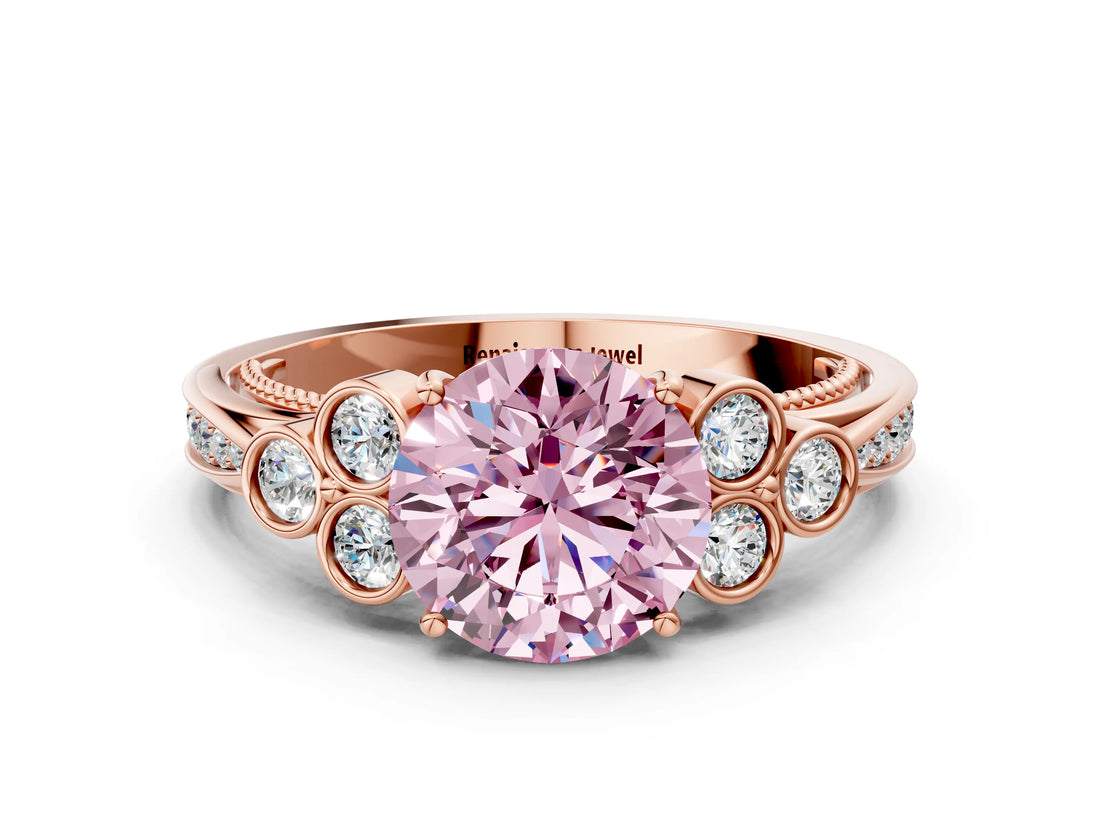 Rose gold Fancy Pink Round  Cut Diamond Engagement Ring with Bezel Set Round Side Stones and Prong Setting_39