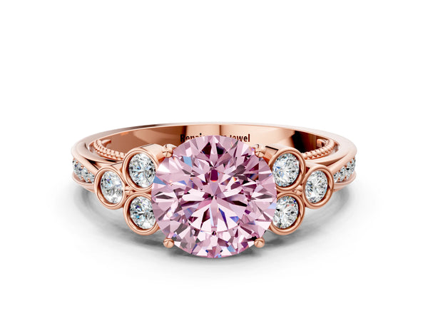 Rose Gold Round Engagement Ring Setting for Fancy Pink Center with Bezel-Set Shoulder Clusters