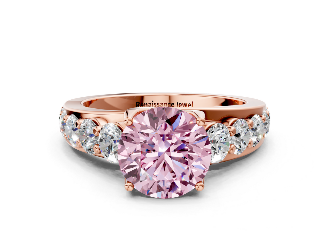 Rose gold Fancy Pink Round  Cut Diamond Engagement Ring with Pavé Band and Four-Prong Setting_3