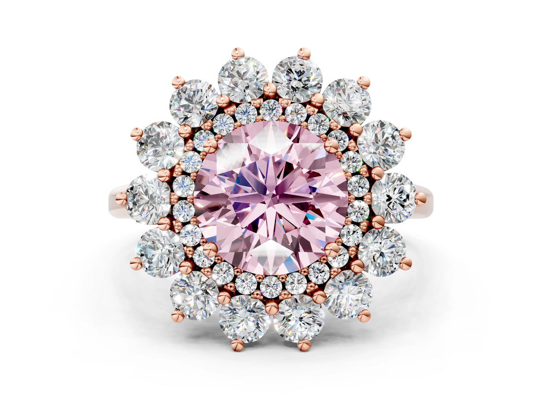 Rose gold Fancy Pink Round Cut Diamond Floral Double Halo Engagement Ring with Prong Setting_60