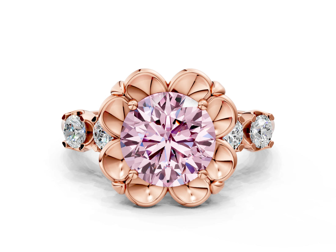 Rose gold Fancy Pink Round  Cut Diamond Floral Halo Engagement Ring with Shared Prong Setting 2