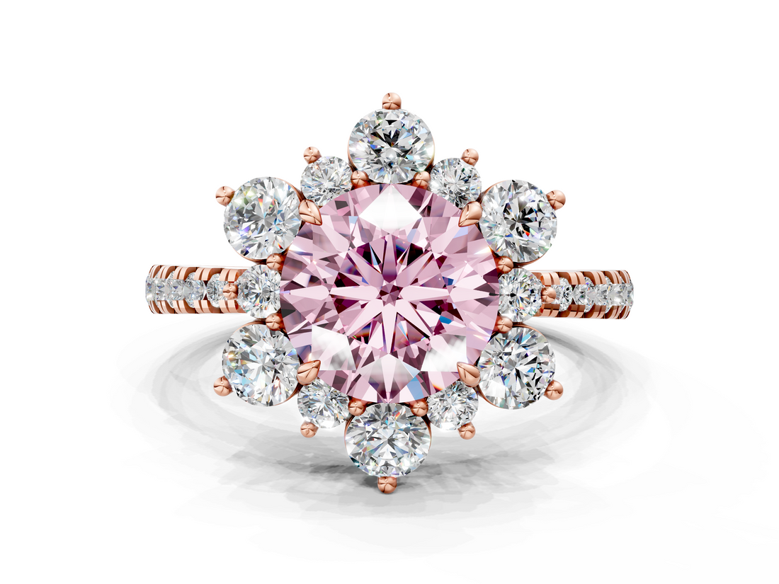 Rose gold Fancy Pink Round  Cut Diamond Floral Halo Pave Band with Prong Setting