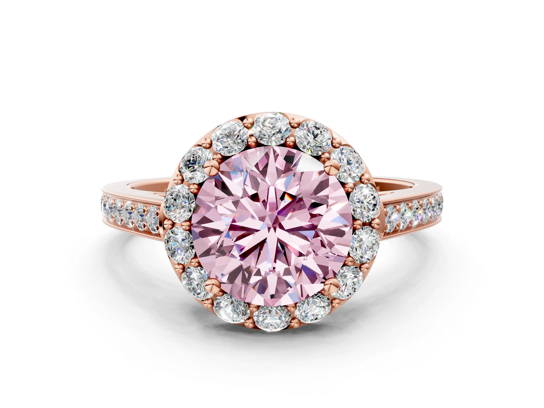 Rose gold Fancy Pink Round Cut Diamond Floral Halo Ring with Pavé Band and Prong Setting_3
