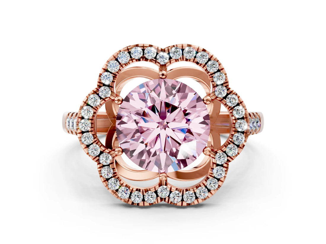 Rose gold Fancy Pink Round Cut Diamond Floral Halo Split Shank Prong Setting Ring_12