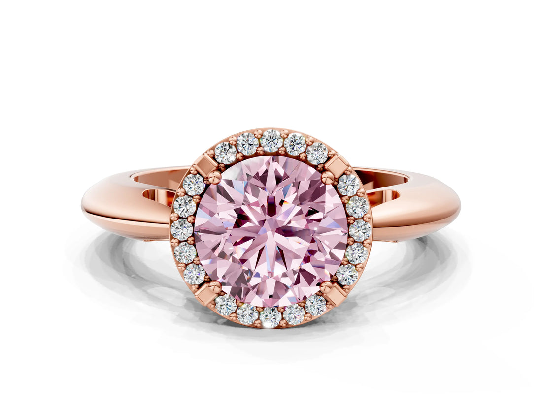 Rose gold Fancy Pink Round  Cut Diamond Halo Engagement Ring with Split Shank and Four-Prong Setting_29