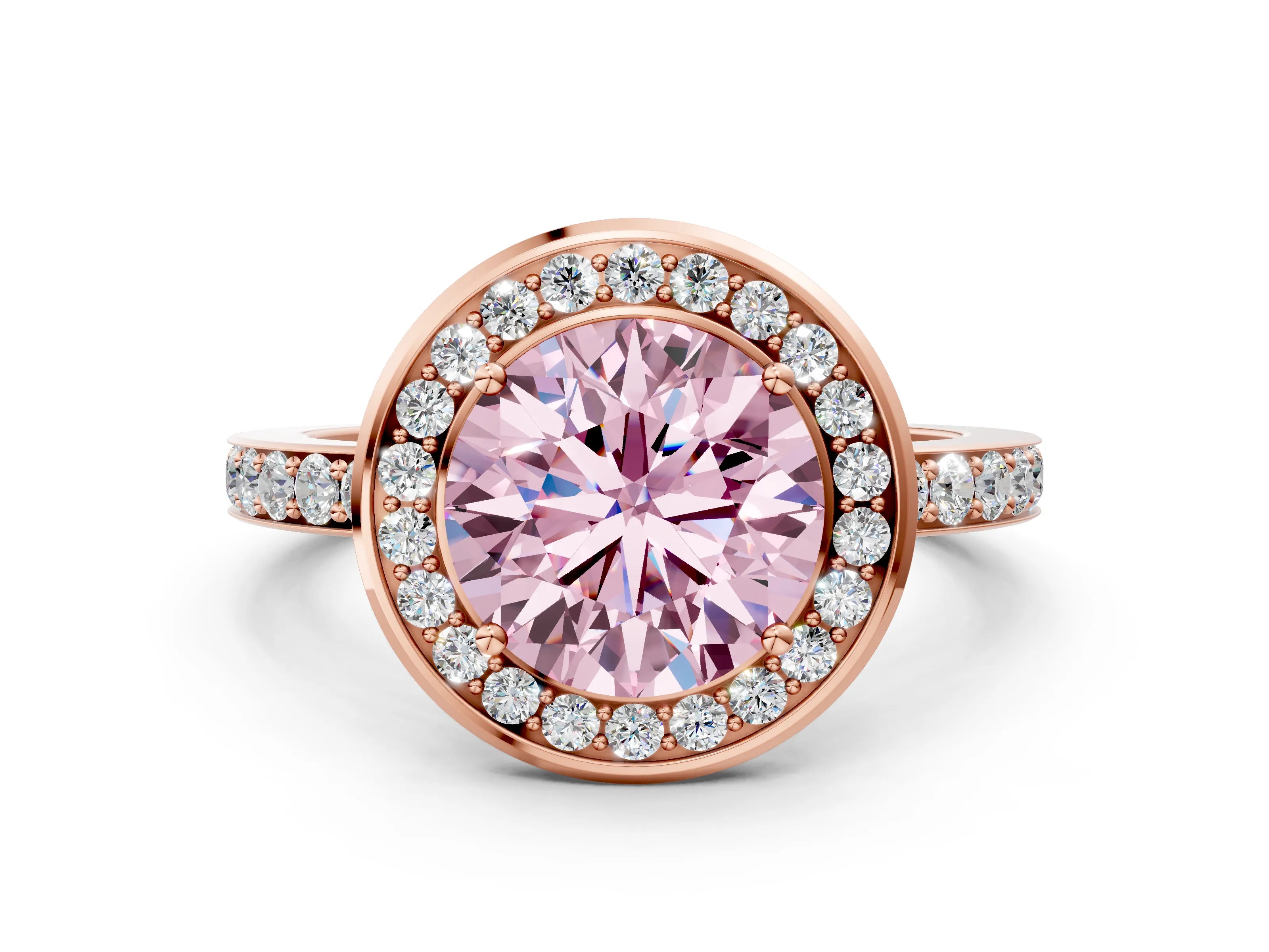 Rose gold Fancy Pink Round Cut Diamond Halo Ring with Bezel Frame and Pavé Band