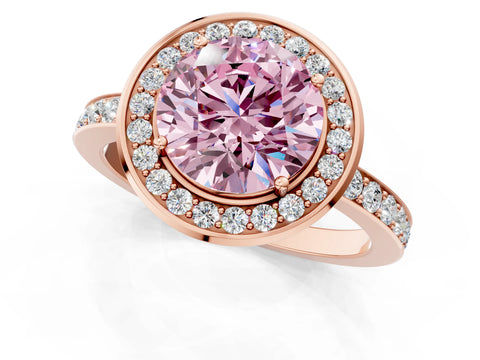 Rose gold Fancy Pink Round Cut Diamond Halo Ring with Bezel Frame and Pavé Band_1