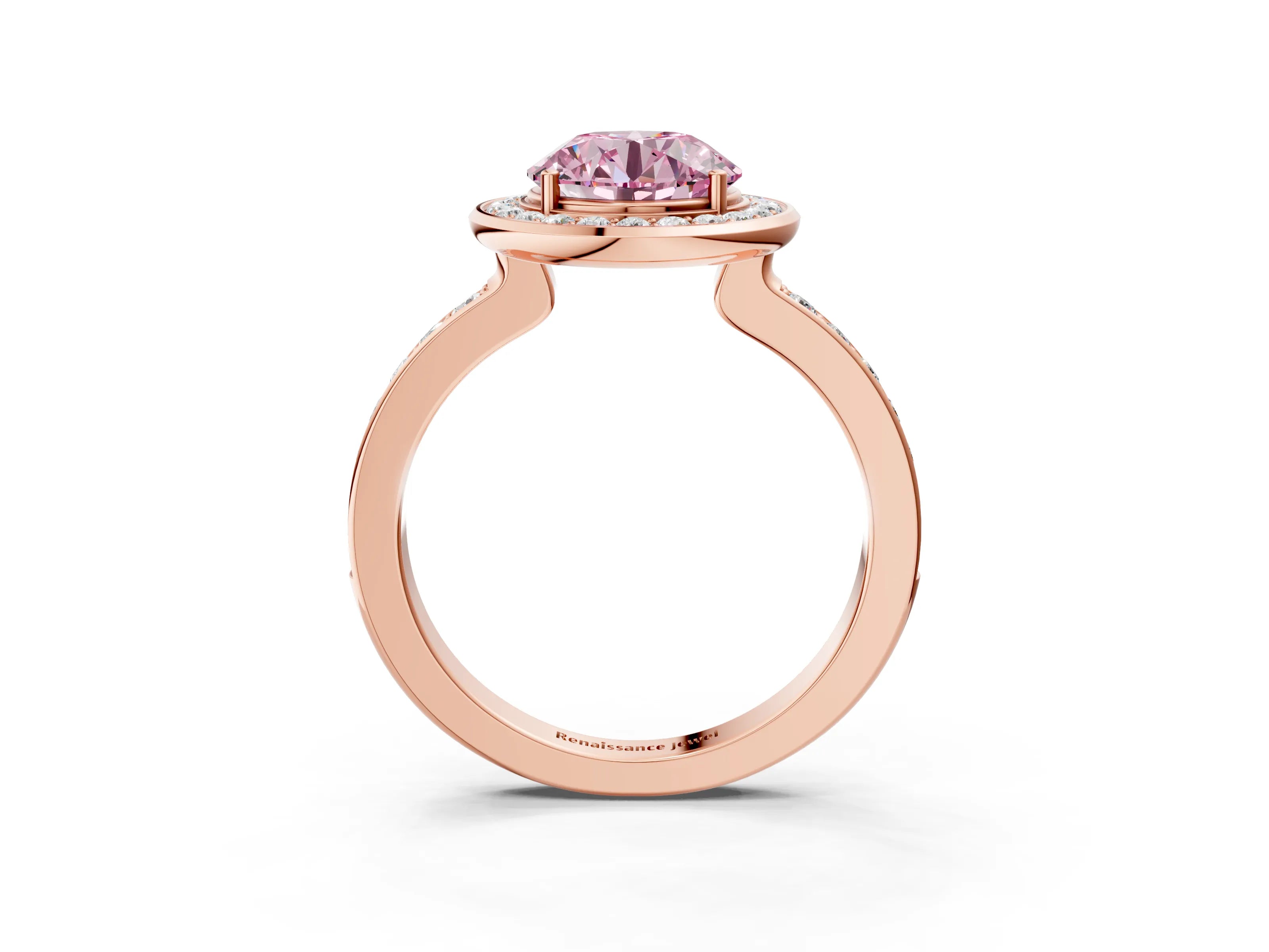 Rose gold Fancy Pink Round Cut Diamond Halo Ring with Bezel Frame and Pavé Band_3