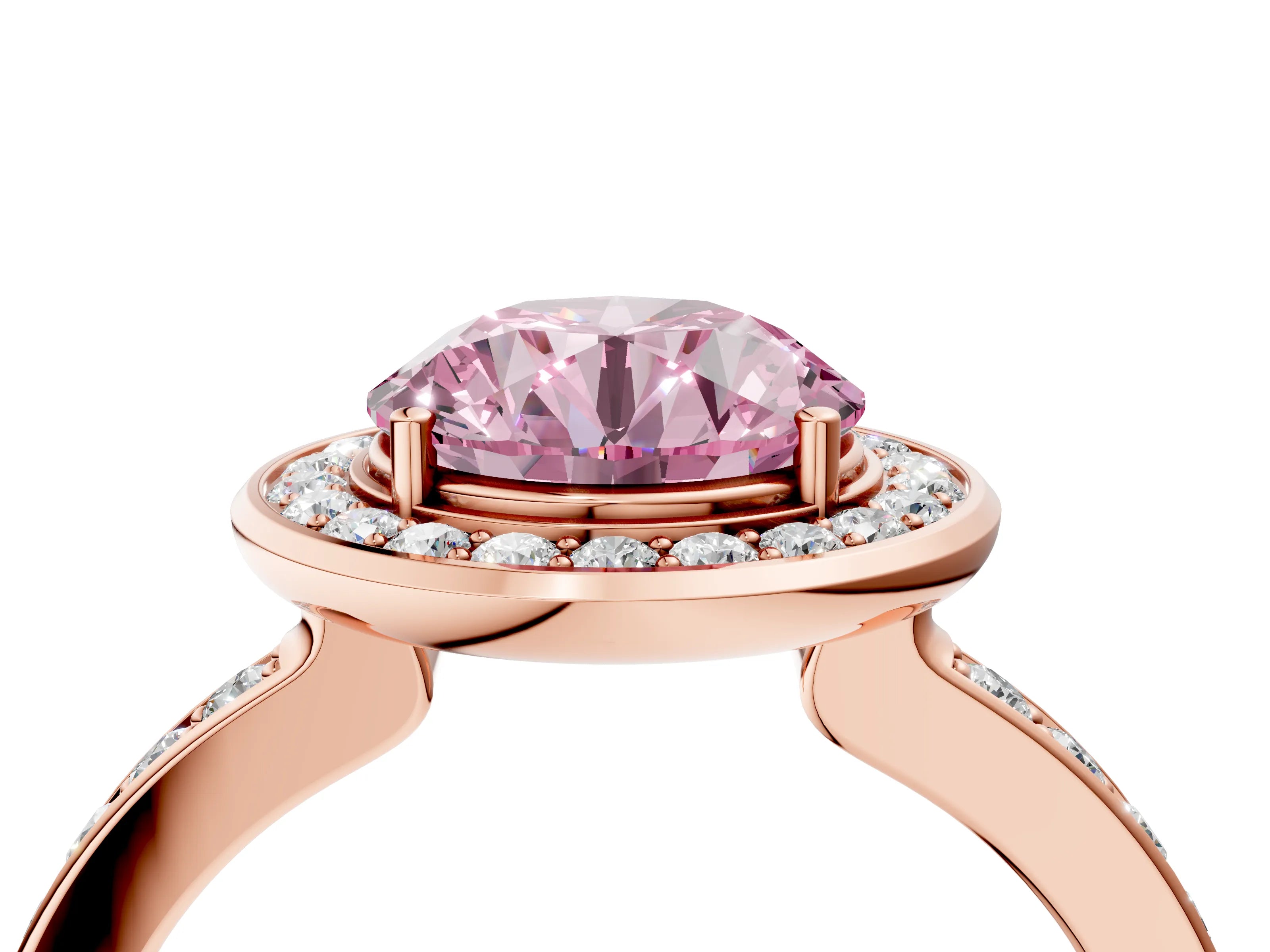 Rose gold Fancy Pink Round Cut Diamond Halo Ring with Bezel Frame and Pavé Band_4
