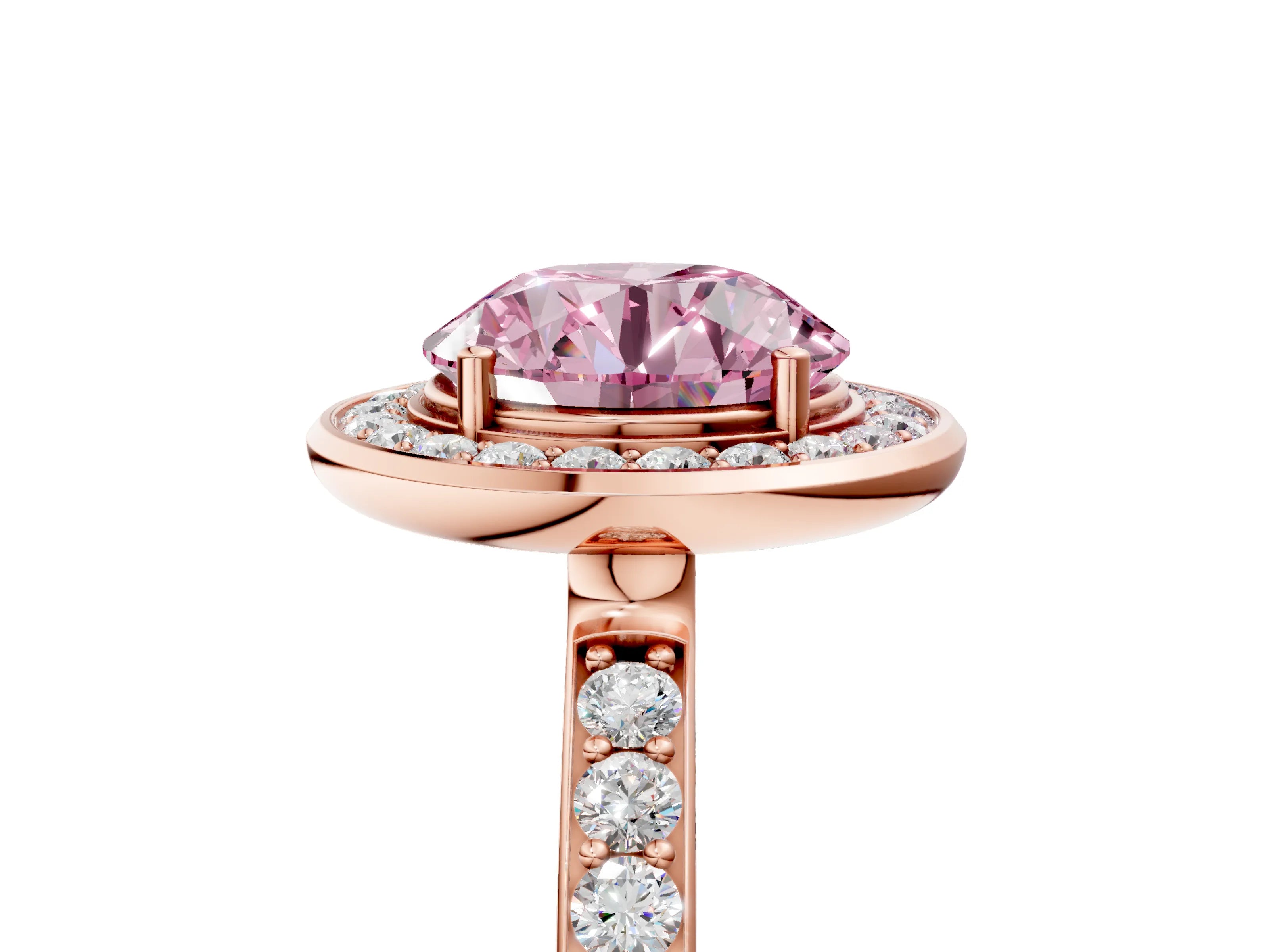 Rose gold Fancy Pink Round Cut Diamond Halo Ring with Bezel Frame and Pavé Band_5