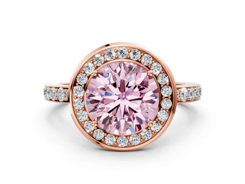 Rose gold Fancy Pink Round Cut Diamond Halo Ring with Bezel Frame and Pavé Band