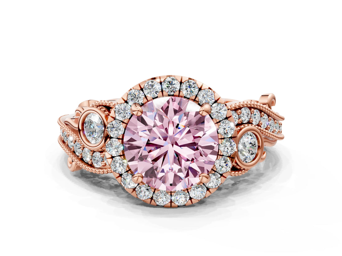 Rose gold Fancy Pink Round Cut Diamond Halo Ring with Milgrain Pavé Band and Four-Prong Setting_17