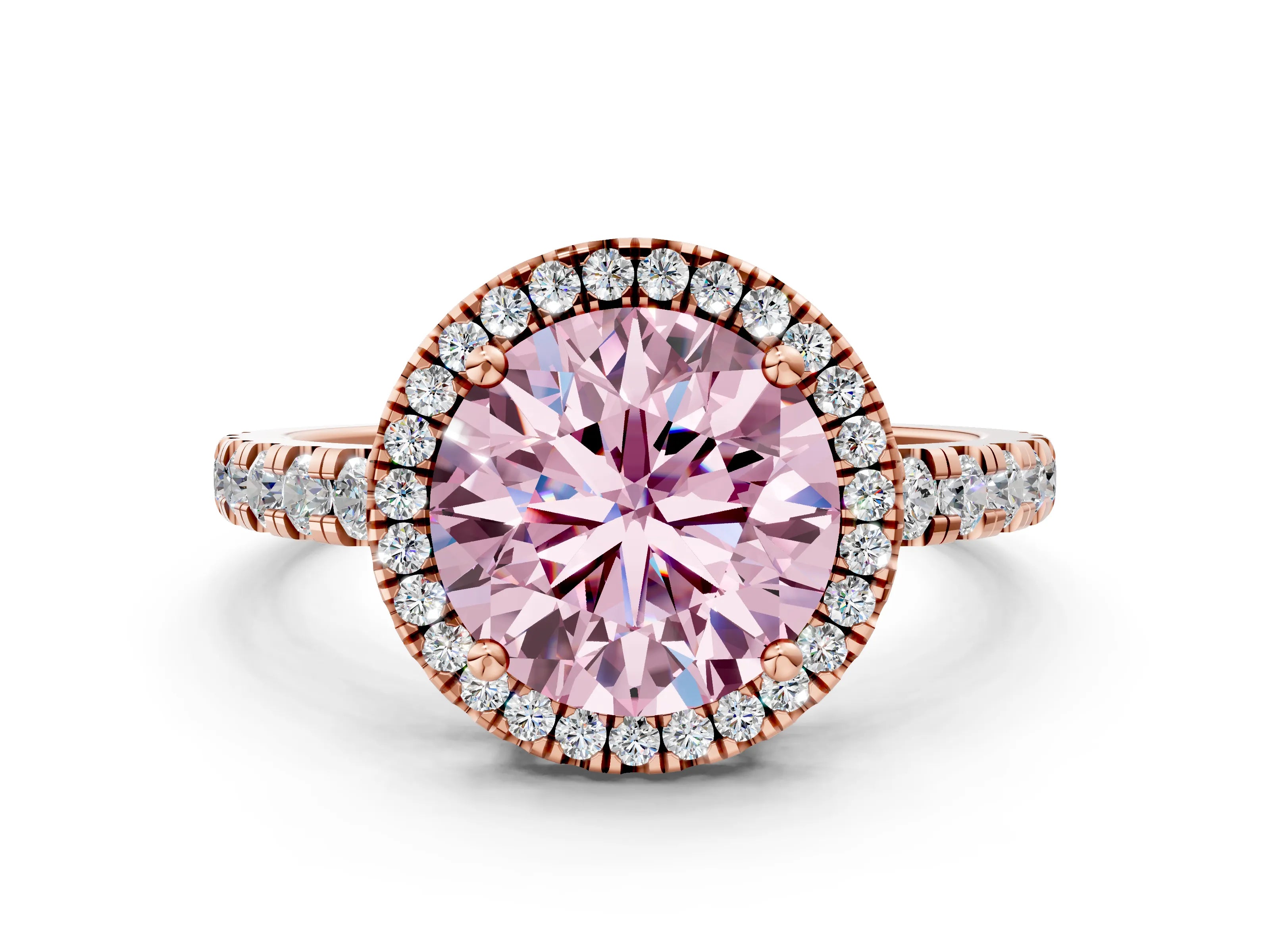 Rose gold Fancy Pink Round Cut Diamond Halo Ring with Pavé Band and Four-Prong Setting