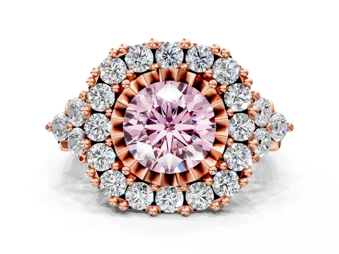 Rose gold Fancy Pink Round Cut Diamond Halo Ring with Pavé Band and Four-Prong Setting_16