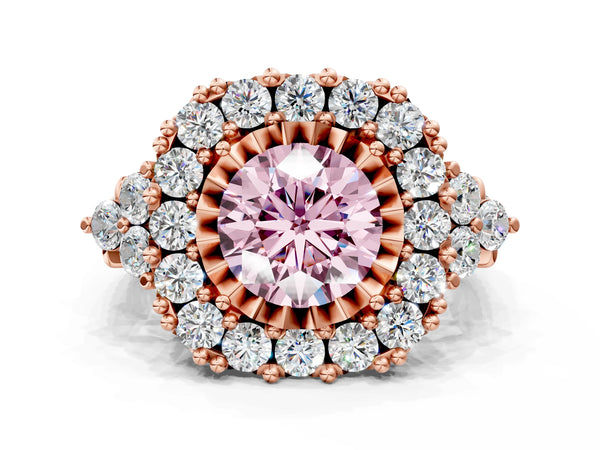 Rose Gold Round Halo Crossover Pave Engagement Ring Setting for Fancy Pink Center