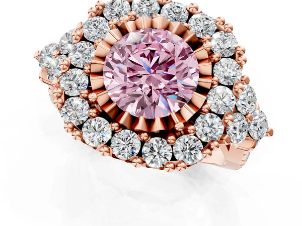 Rose Gold Round Halo Crossover Pave Engagement Ring Setting for Fancy Pink Center