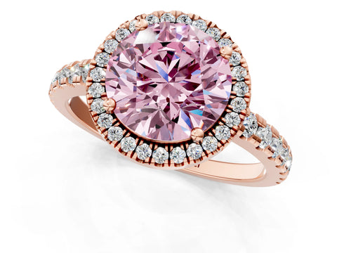 Rose gold Fancy Pink Round Cut Diamond Halo Ring with Pavé Band and Four-Prong Setting_1