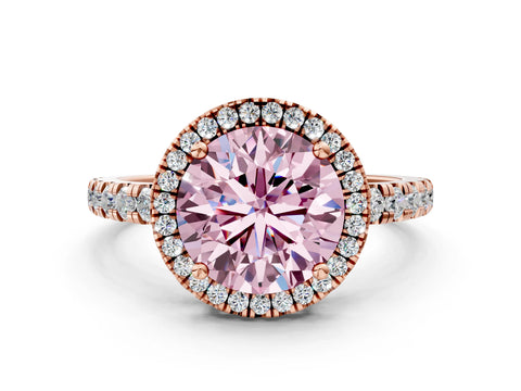 Rose gold Fancy Pink Round Cut Diamond Halo Ring with Pavé Band and Four-Prong Setting