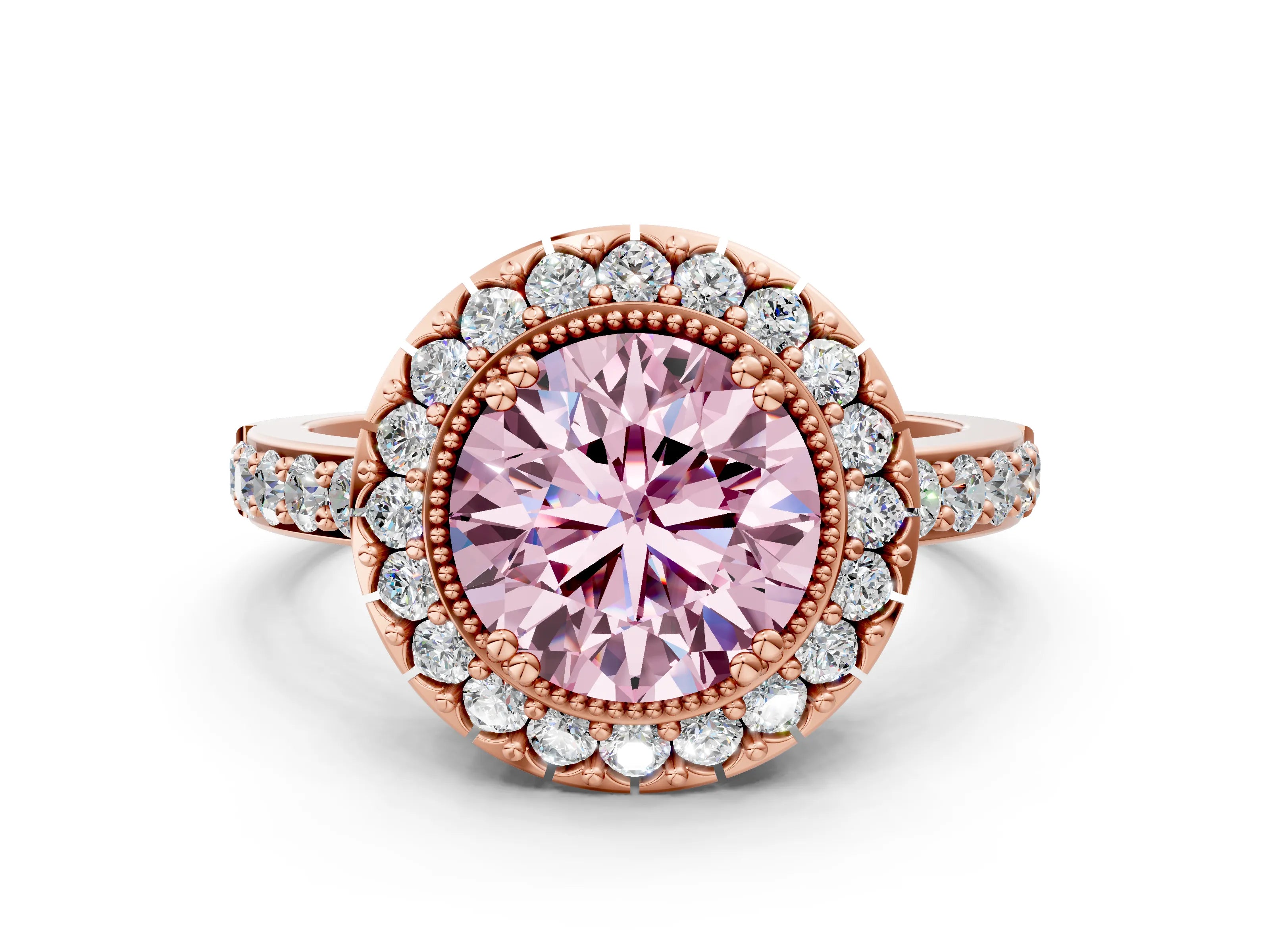 Rose gold Fancy Pink Round Cut Diamond Halo Ring with Pavé Band and Prong Setting