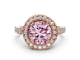 Rose gold Fancy Pink Round Cut Diamond Halo Ring with Pavé Band and Prong Setting