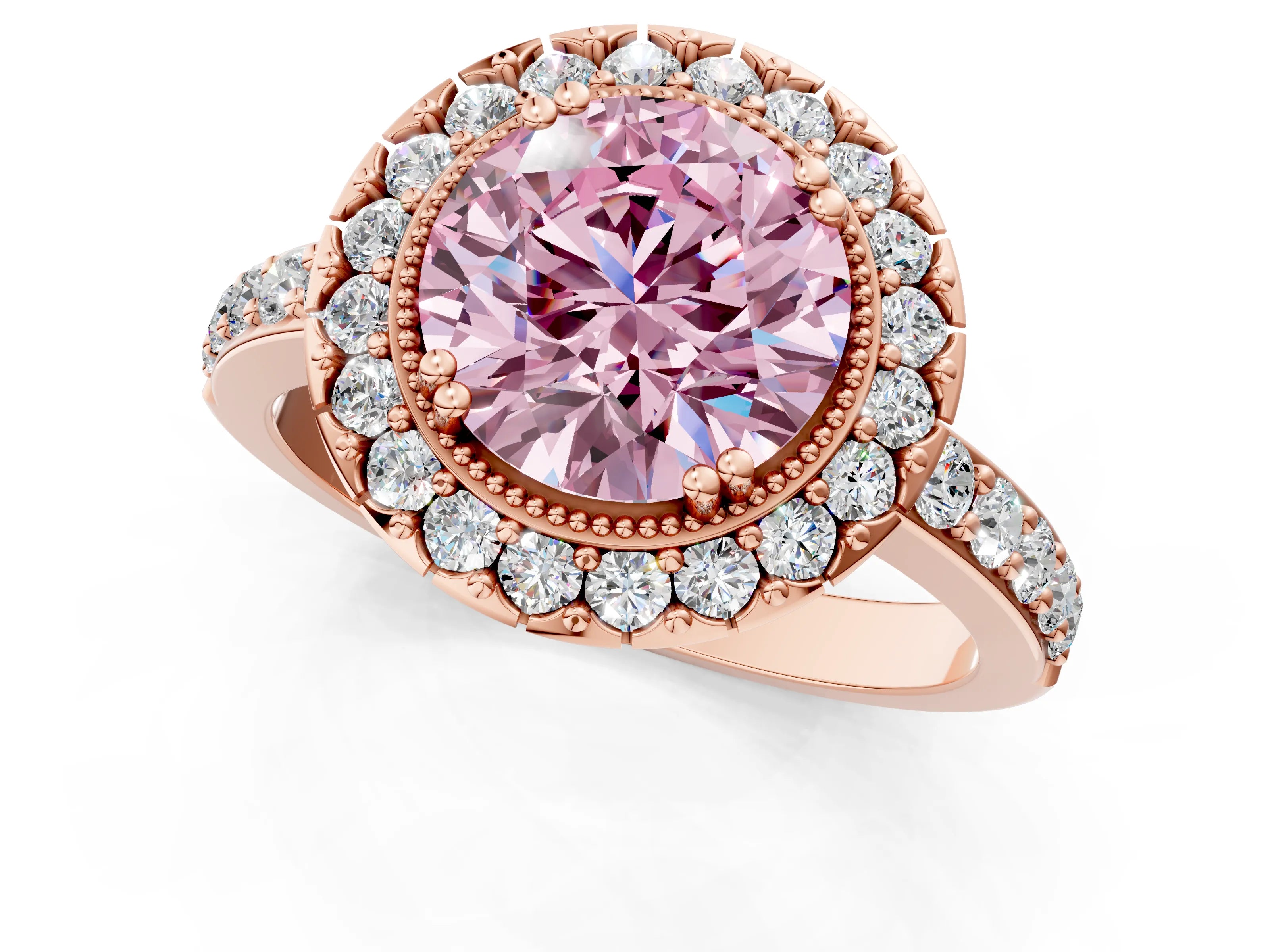 Rose gold Fancy Pink Round Cut Diamond Halo Ring with Pavé Band and Prong Setting_1