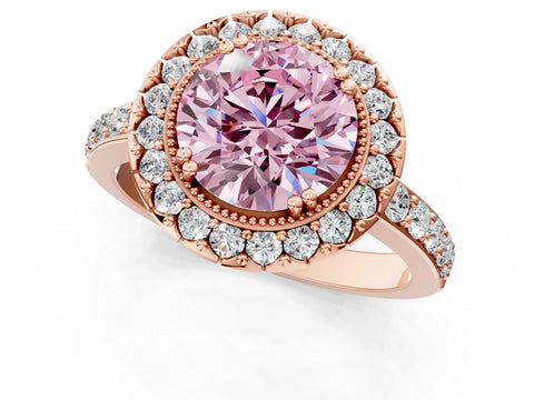 Rose gold Fancy Pink Round Cut Diamond Halo Ring with Pavé Band and Prong Setting_1