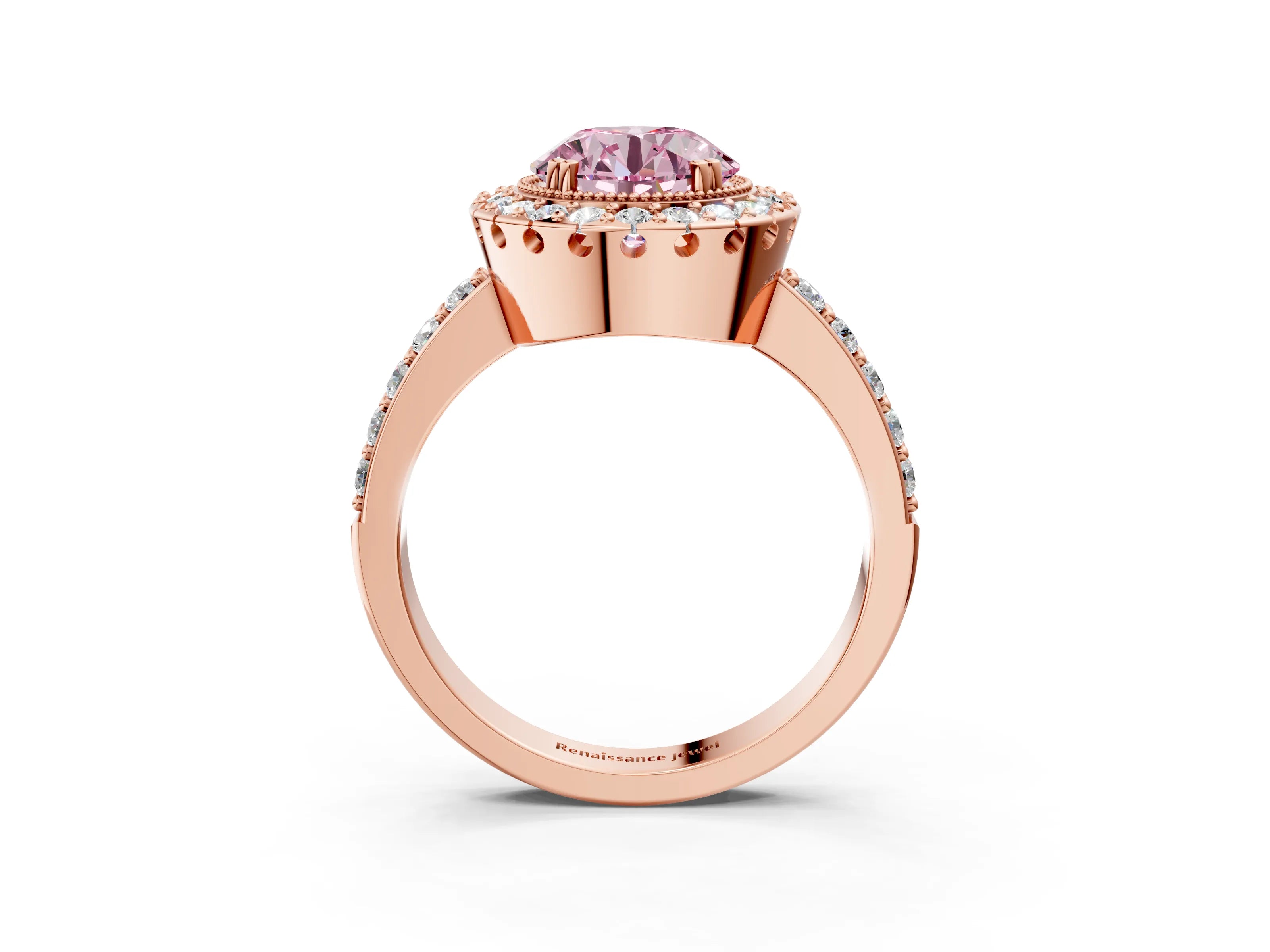 Rose gold Fancy Pink Round Cut Diamond Halo Ring with Pavé Band and Prong Setting_3