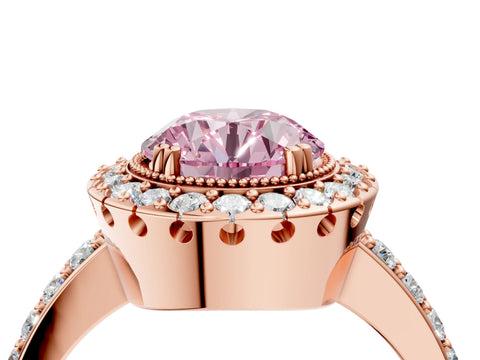 Rose gold Fancy Pink Round Cut Diamond Halo Ring with Pavé Band and Prong Setting_4