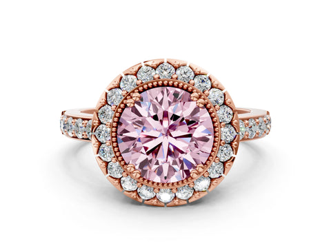 Rose gold Fancy Pink Round Cut Diamond Halo Ring with Pavé Band and Prong Setting