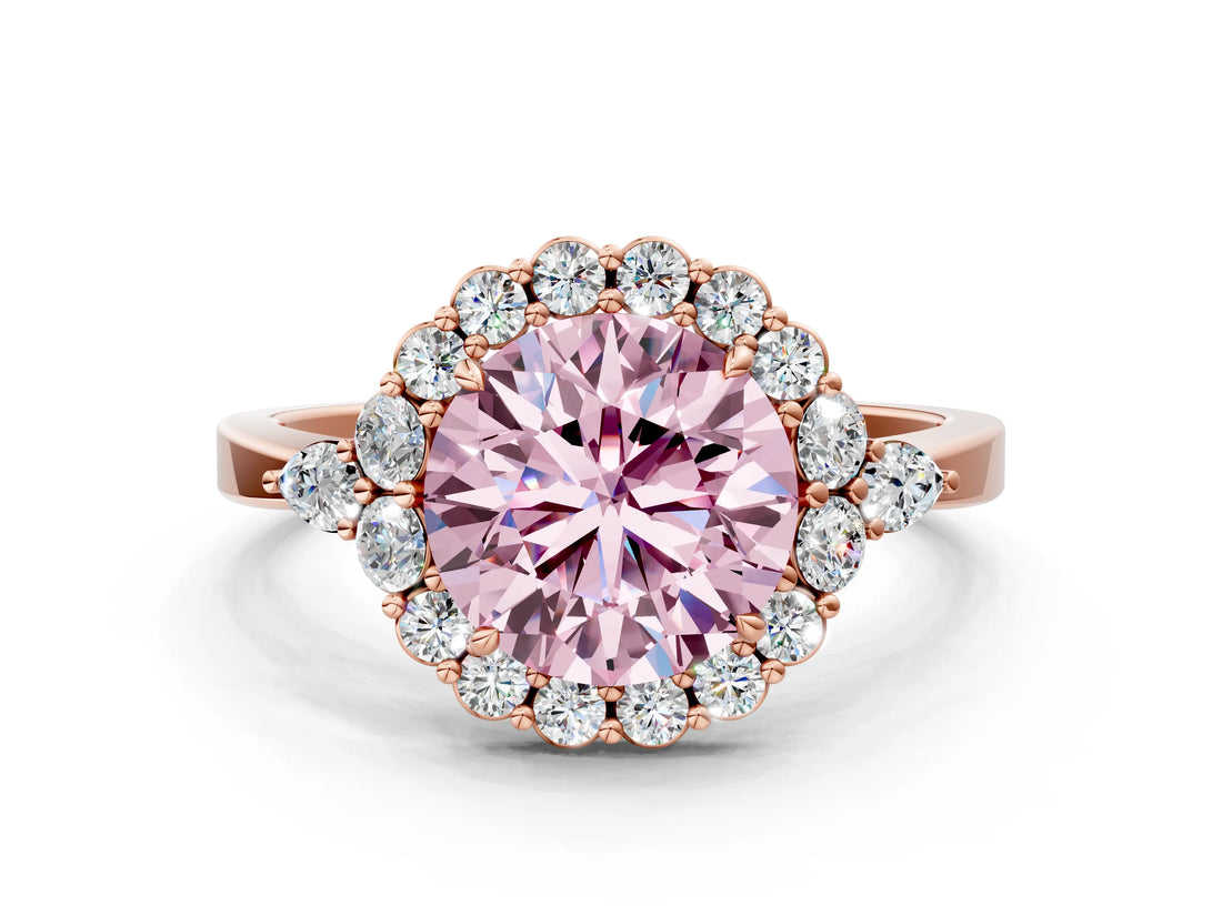 Rose gold Fancy Pink Round Cut Diamond Halo Ring with Pear Side Stones and Prong Setting_17
