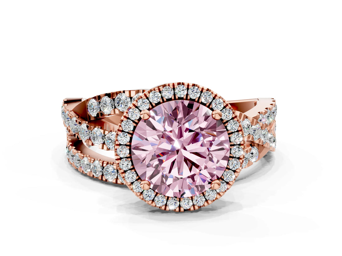 Rose gold Fancy Pink Round Cut Diamond Halo Ring with Round Split Shank and Prong Setting_36