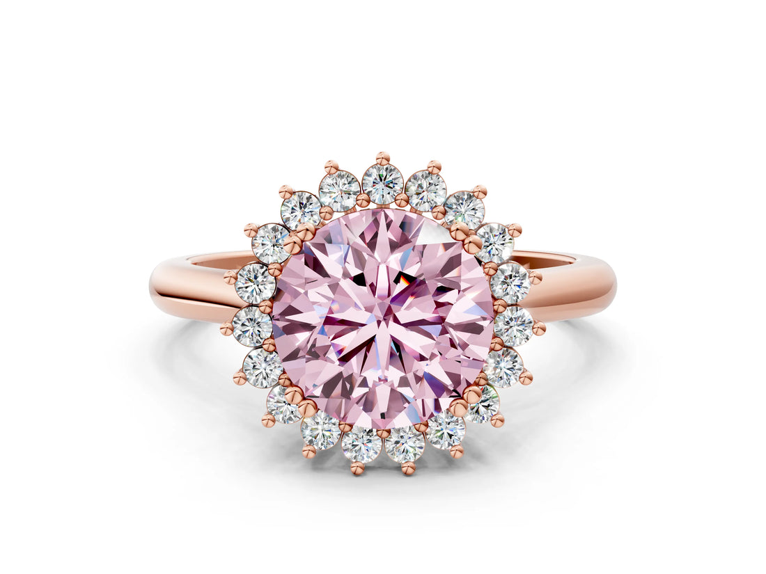 Rose gold Fancy Pink Round  Cut Diamond Halo Ring with Solitaire Band and Prong Setting_34