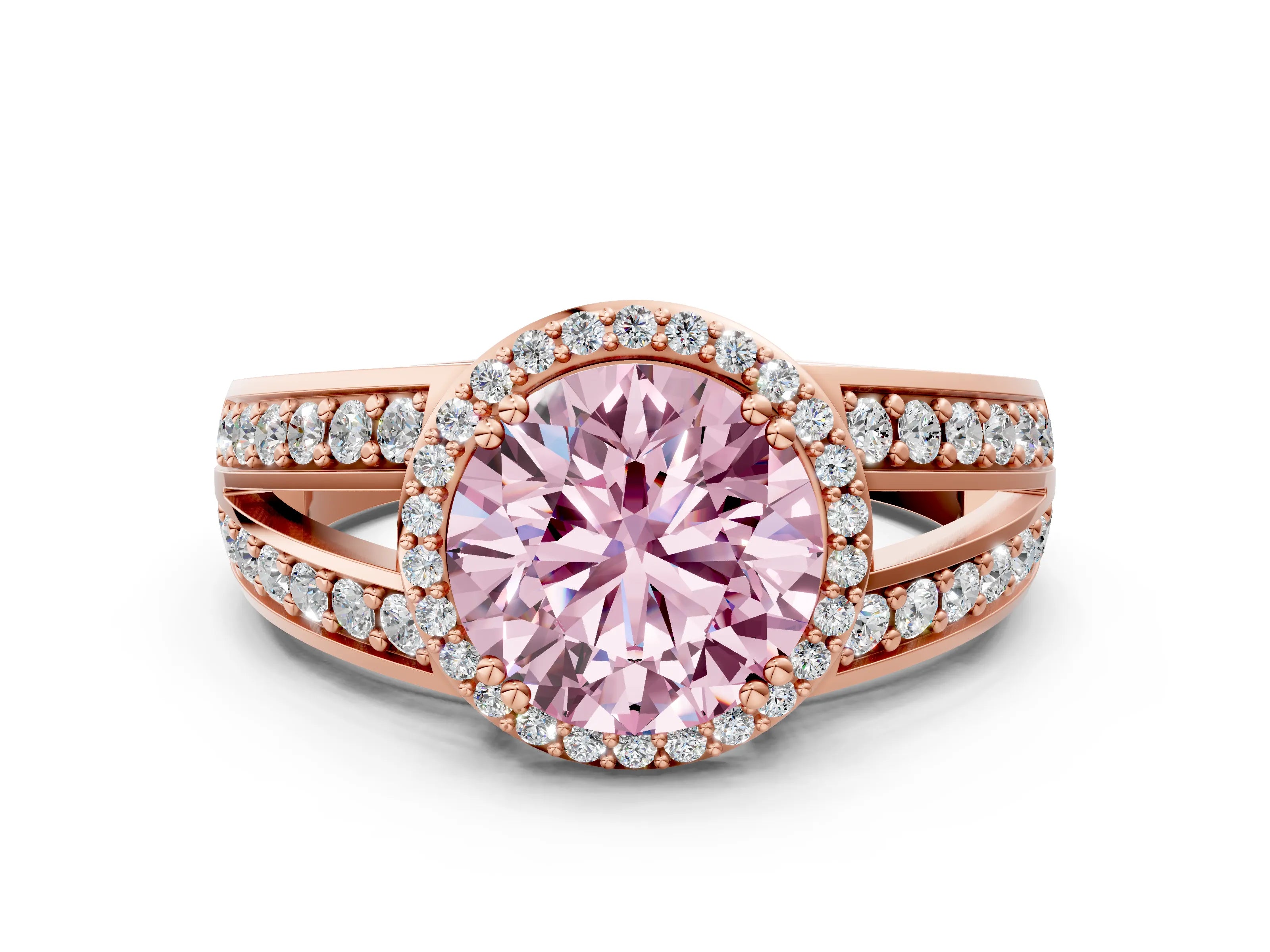 Rose gold Fancy Pink Round Cut Diamond Halo Ring with Split Shank Pavé Band and Four-Prong Setting