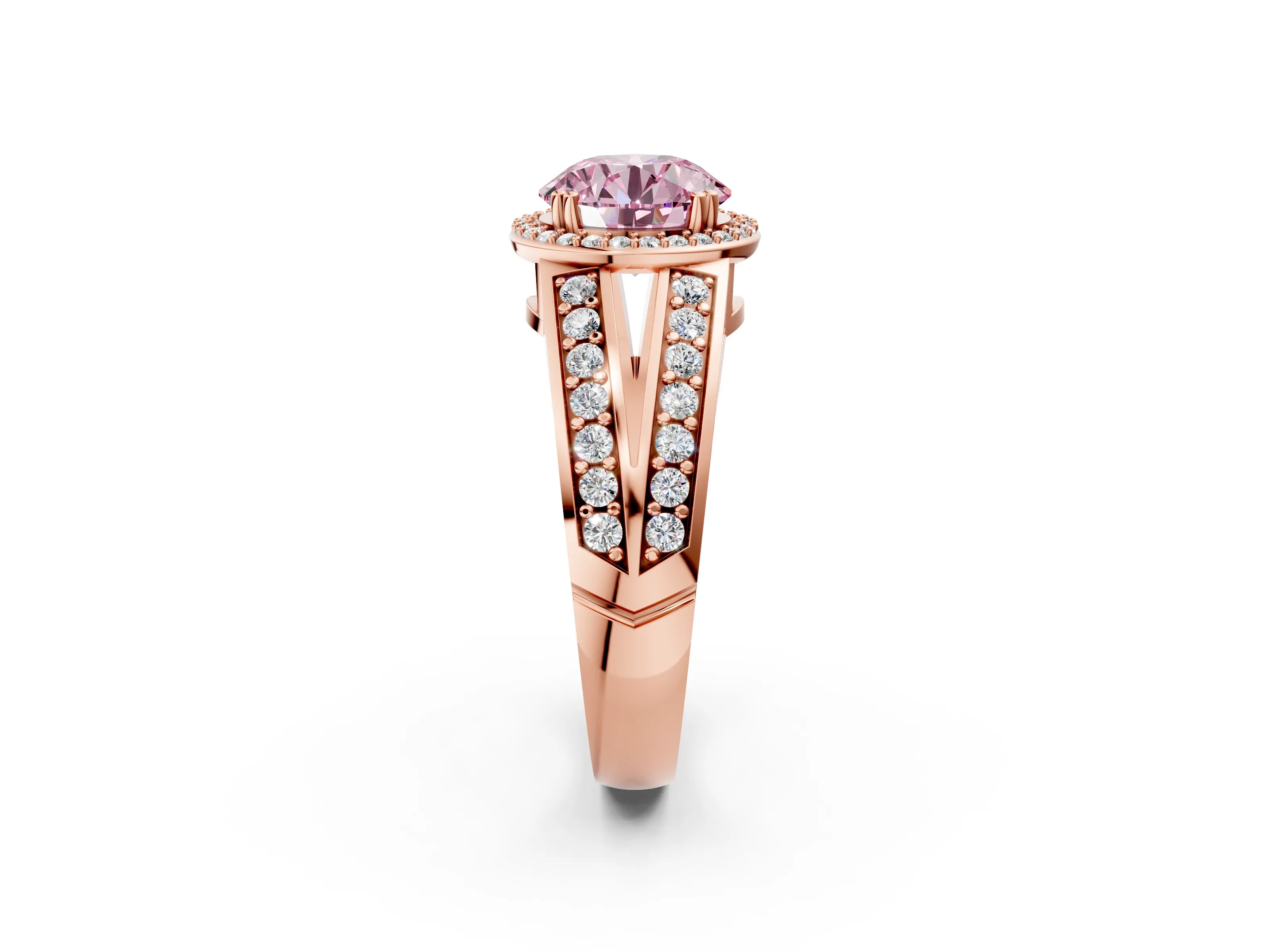 Rose gold Fancy Pink Round Cut Diamond Halo Ring with Split Shank Pavé Band and Four-Prong Setting_2