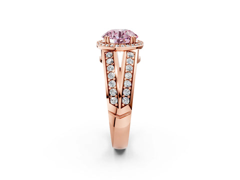Rose gold Fancy Pink Round Cut Diamond Halo Ring with Split Shank Pavé Band and Four-Prong Setting_2