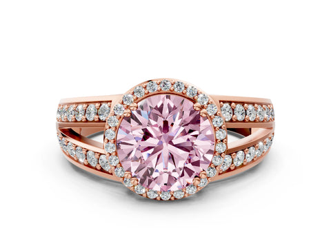 Rose gold Fancy Pink Round Cut Diamond Halo Ring with Split Shank Pavé Band and Four-Prong Setting
