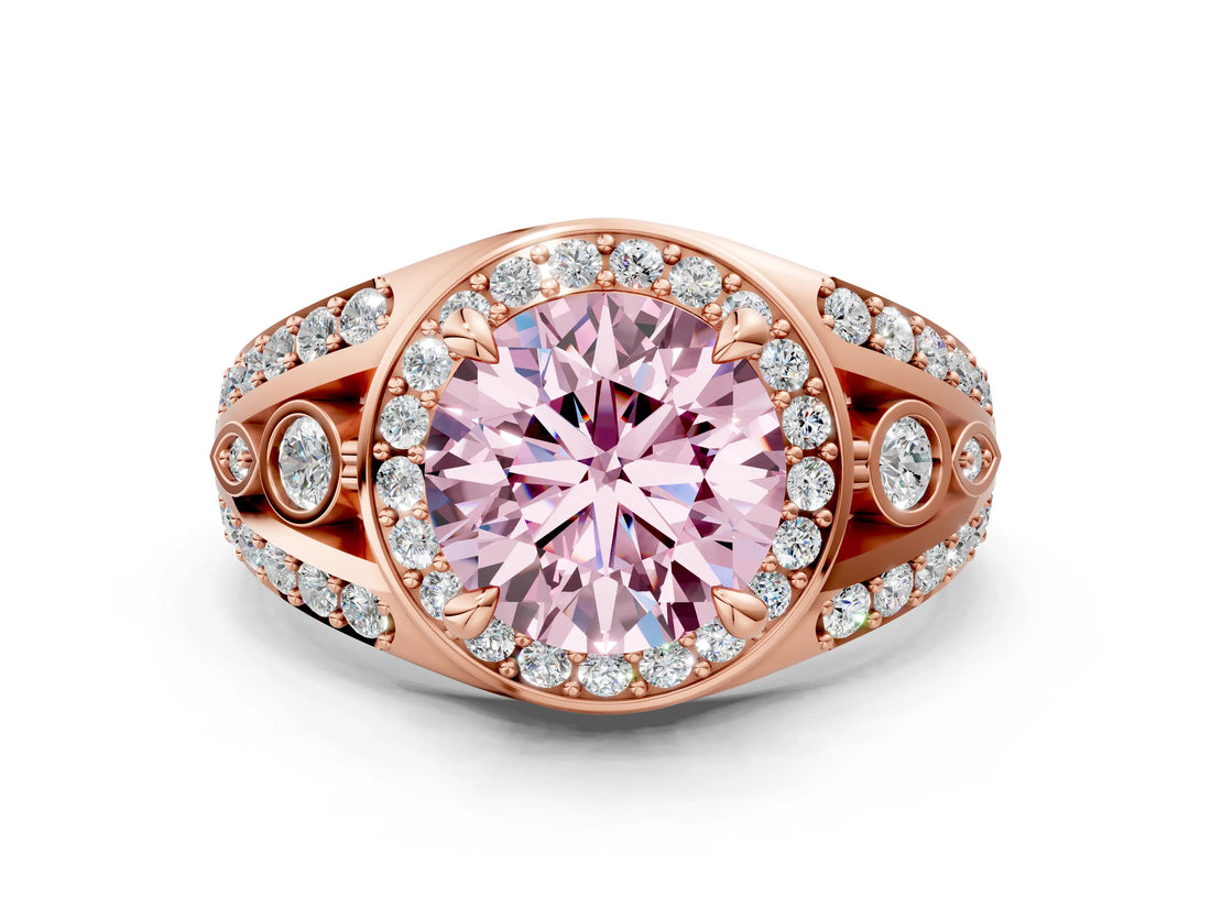 Rose gold Fancy Pink Round Cut Diamond Halo Ring with Split Shank and Bezel Accents and Four-Prong Setting