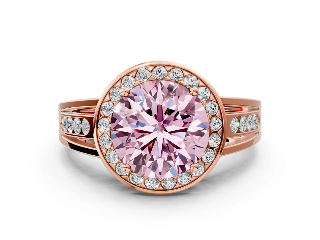 Rose gold Fancy Pink Round Cut Diamond Halo Ring with Split Shank and Bezel Accents and Prong Setting