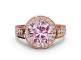 Rose gold Fancy Pink Round Cut Diamond Halo Ring with Split Shank and Bezel Accents and Prong Setting
