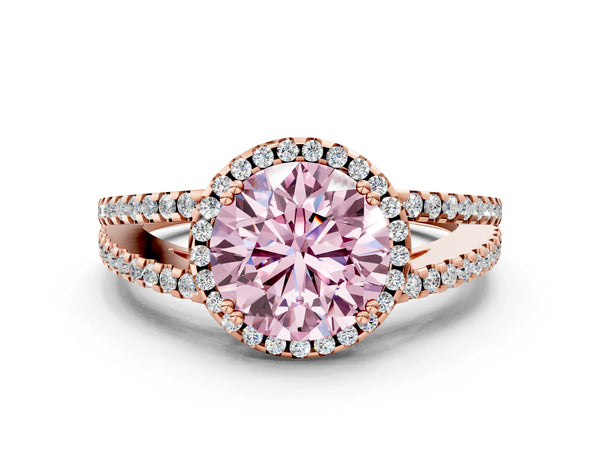 Rose gold Fancy Pink Round Cut Diamond Halo Split Shank Engagement Ring
