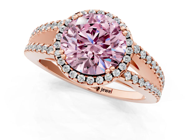 Rose gold Fancy Pink Round Cut Diamond Halo Split Shank Engagement Ring