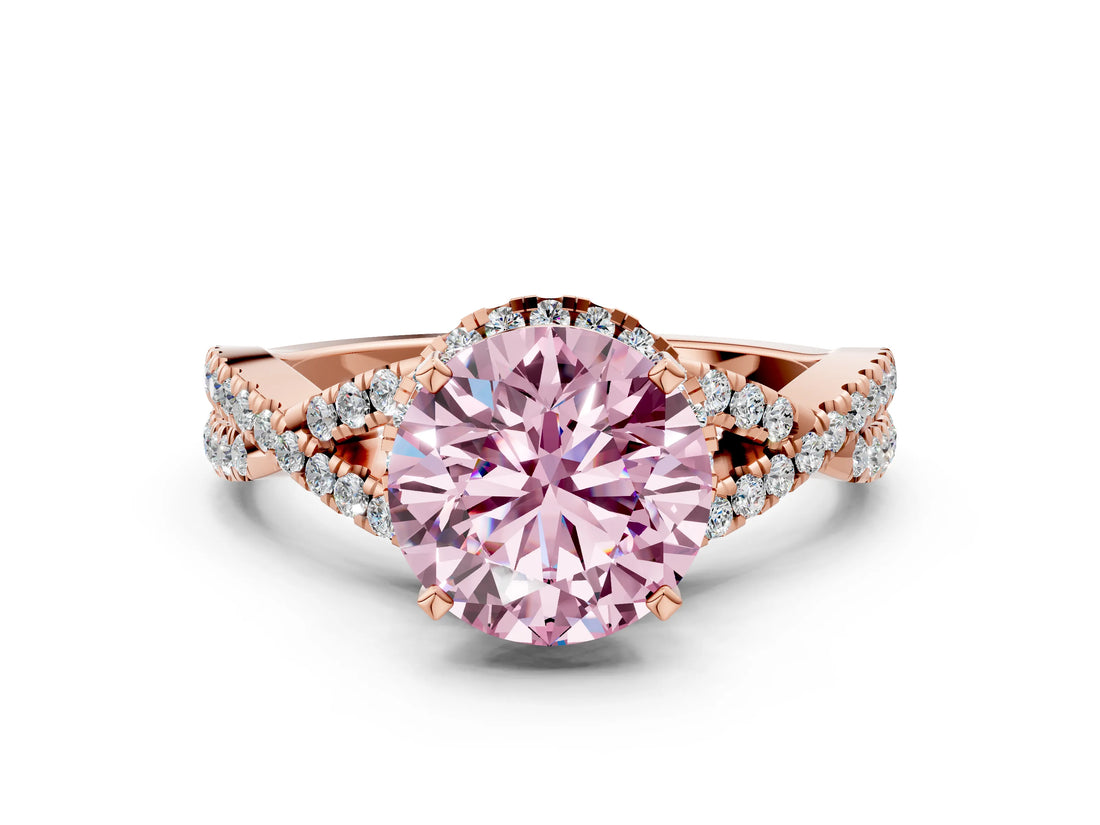 Rose gold Fancy Pink Round Cut Diamond  Halo Twist Band Solitaire Prong Setting Ring_48