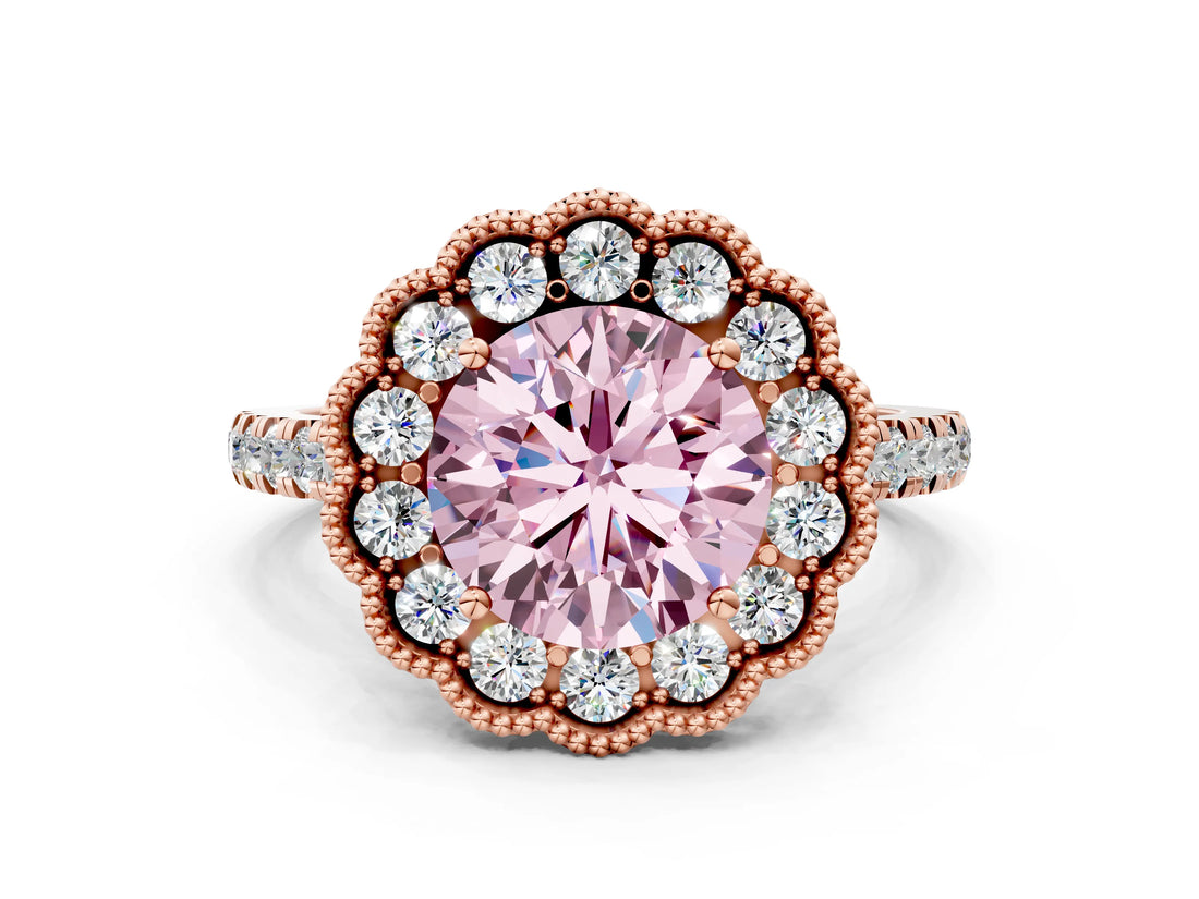 Rose gold Fancy Pink Round  Cut Diamond Milgrain Floral Halo Engagement Ring with Pavé Band_15