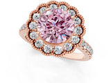 Rose gold Fancy Pink Round  Cut Diamond Milgrain Floral Halo Engagement Ring with Pavé Band_16