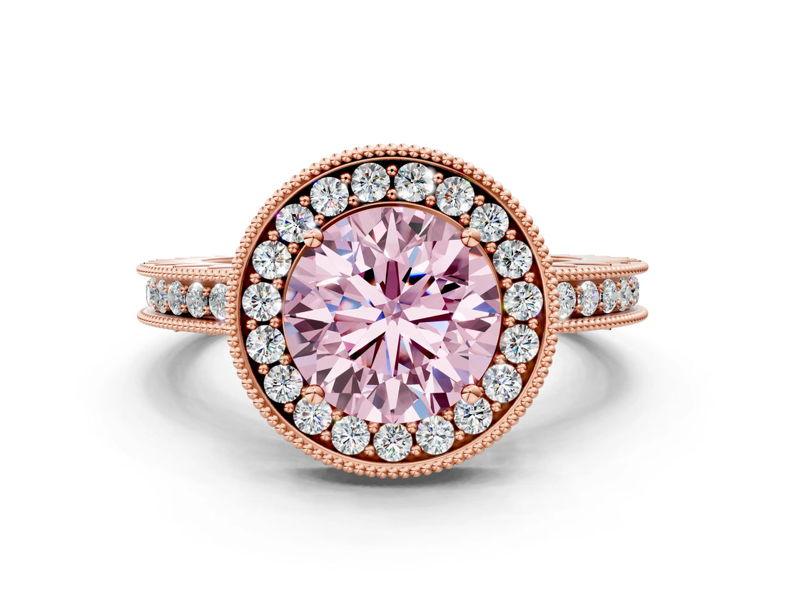 Rose gold Fancy Pink Round Cut Diamond Milgrain Halo Engagement Ring with Round Pavé Band and Prong Setting_12